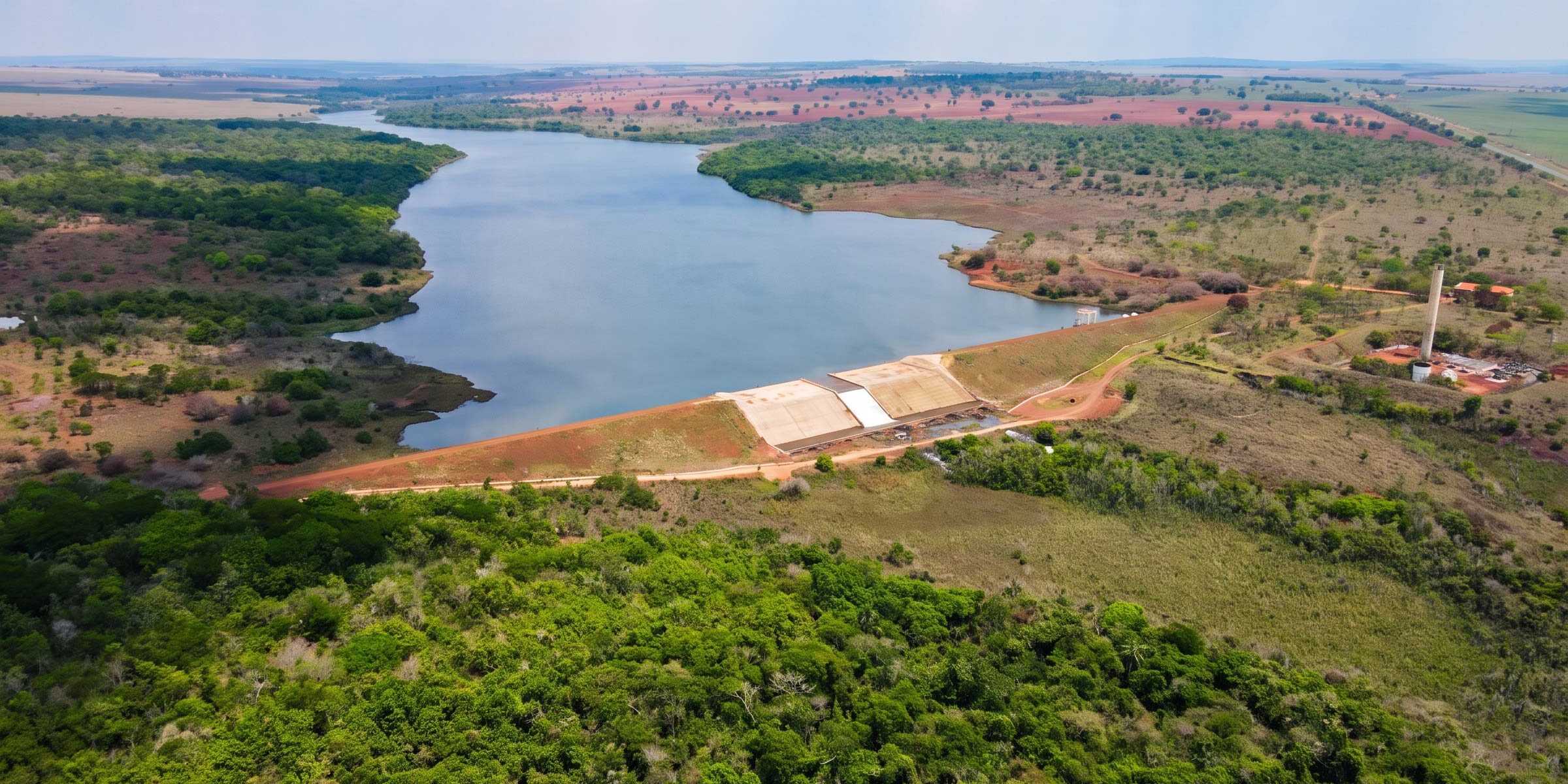 Vista aérea do reservatório Guariroba cercado por mata, em Campo Grande, MS